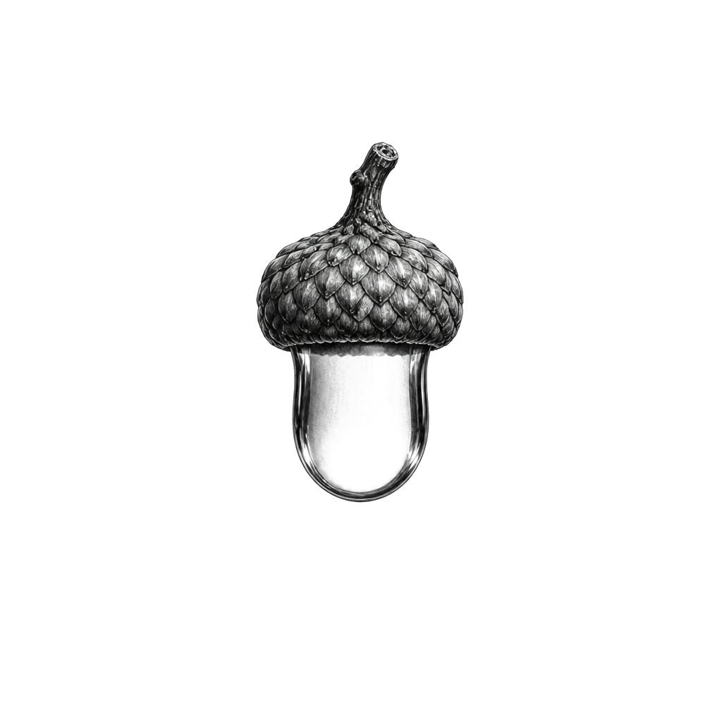 A tiny acorn cap holding a drop of water