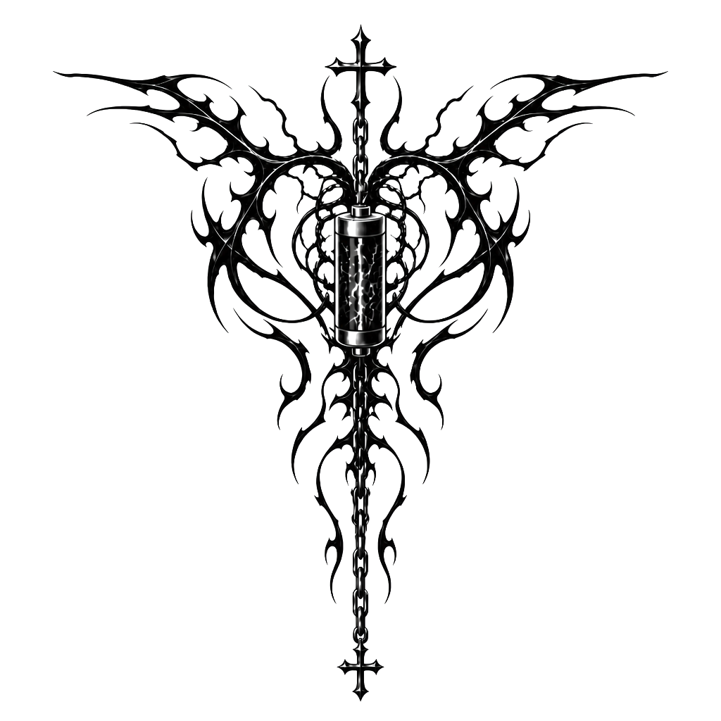 Design me a tattoo for my back that goes from shoulder blade to shoulder blade and these down into the spine with a chain hanging, and a battery powering the tattoo