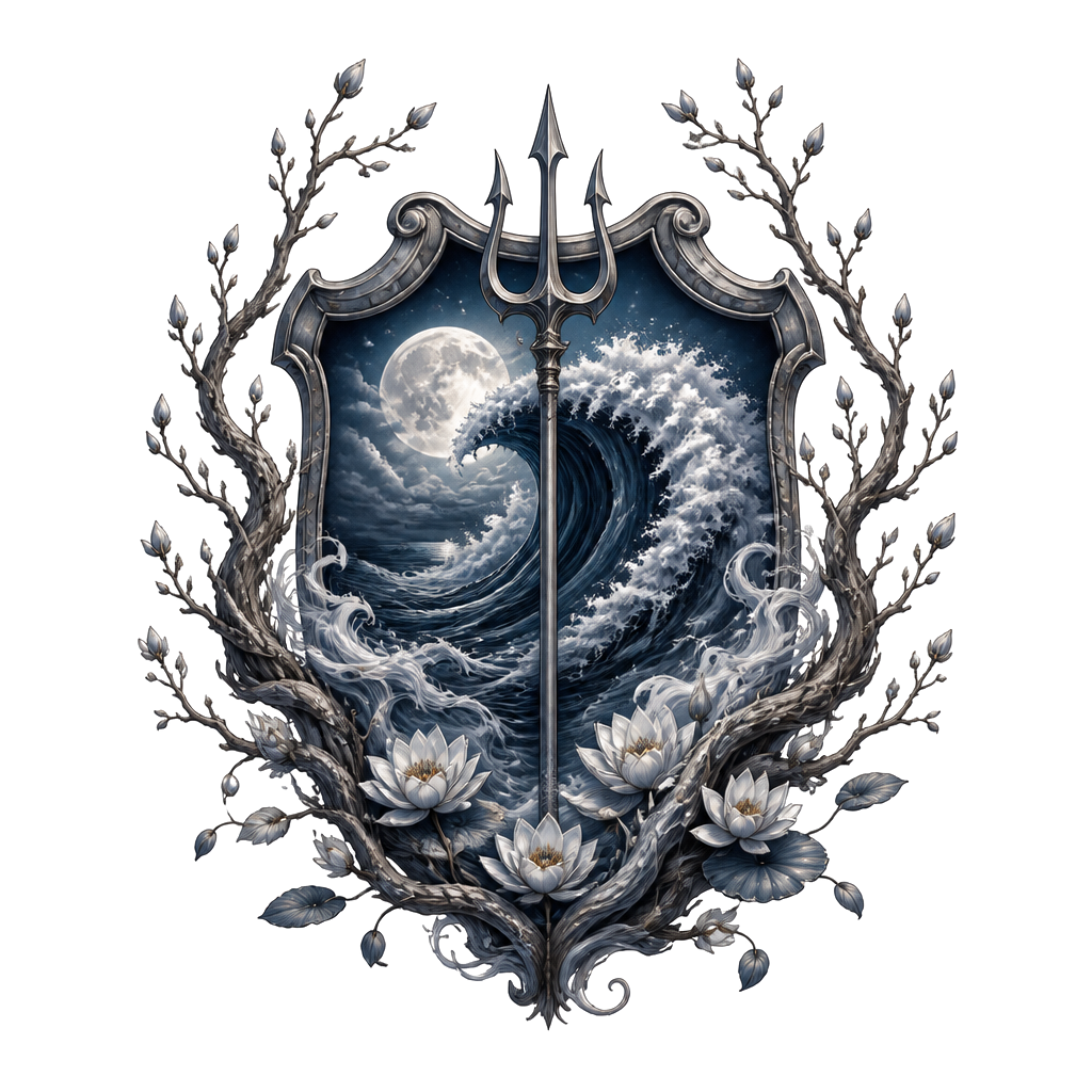 Heraldic crest with a moonlit tidal wave, flowing sea mist, a slender trident, and drifting water lilies framed by curling late-winter branches.