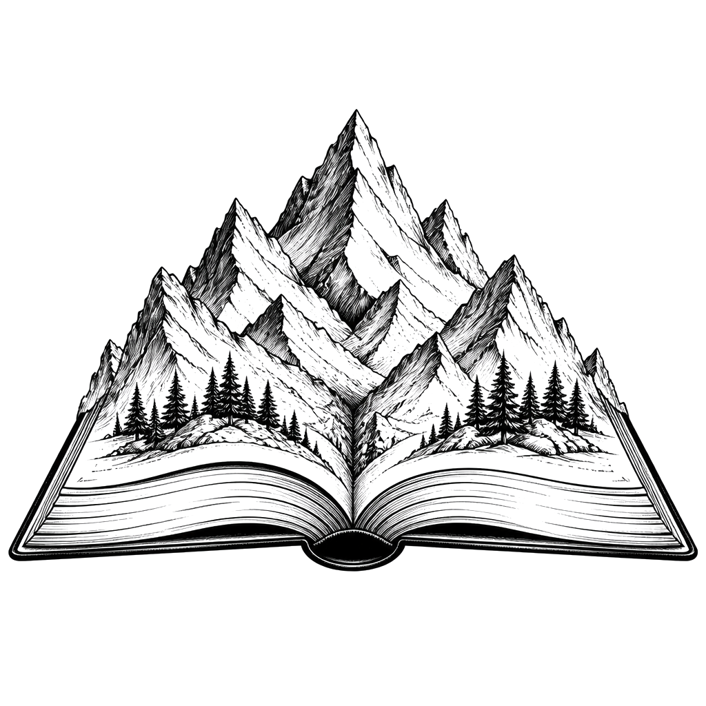 An open book with mountains rising from the pages