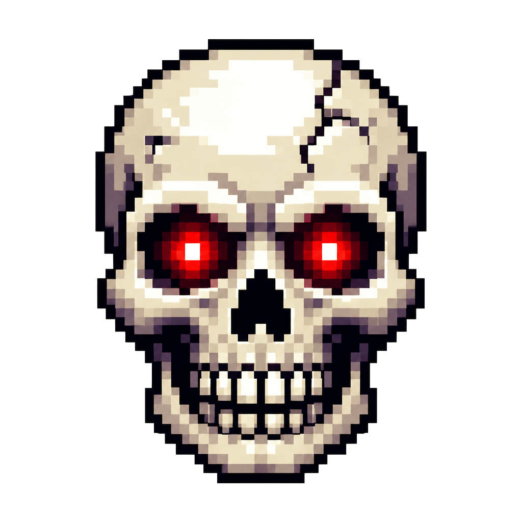 An 8-bit skull with blinking red eyes