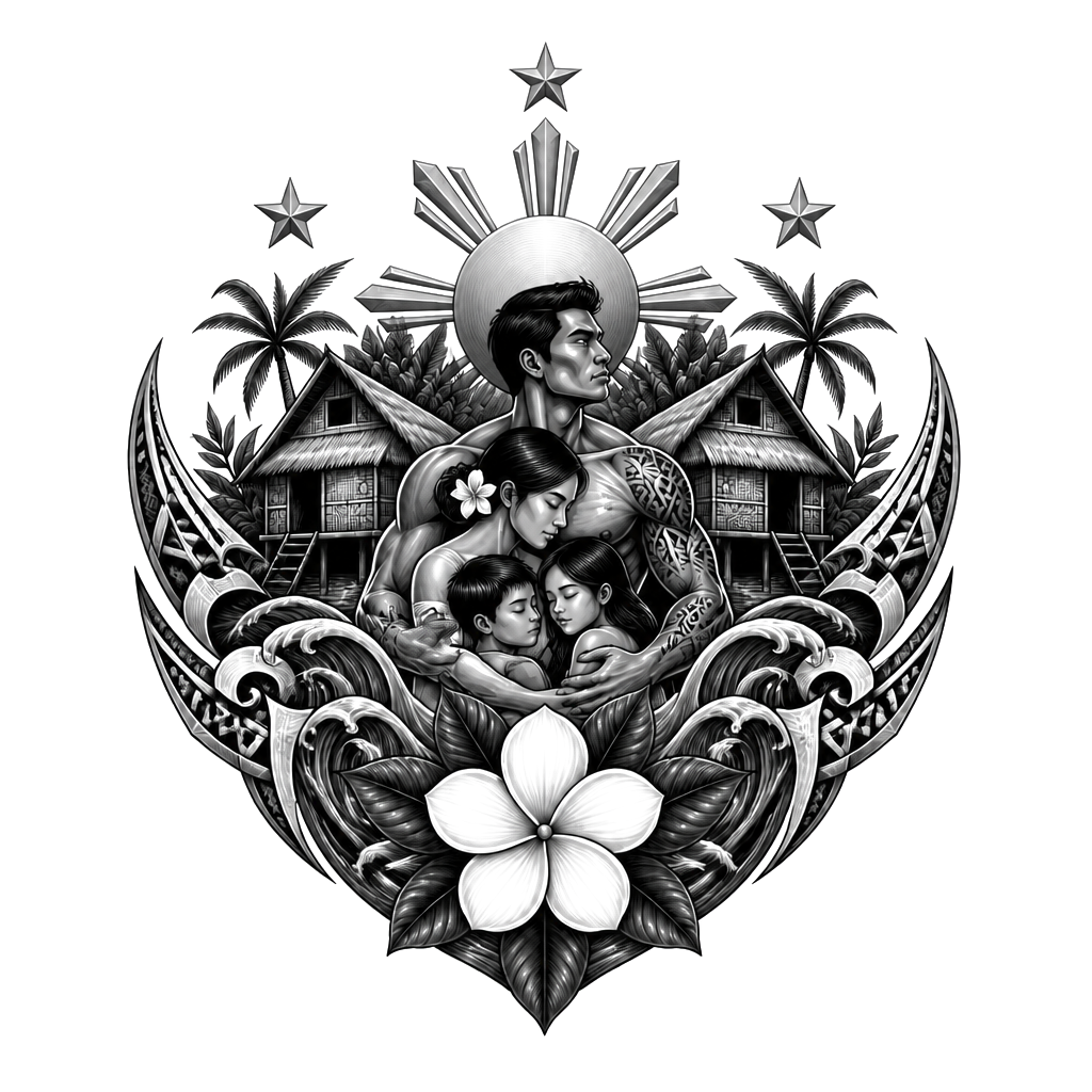 Visayan, made up of strength, love, huts, protection, family, water Phillipines sun and stars and the national flower