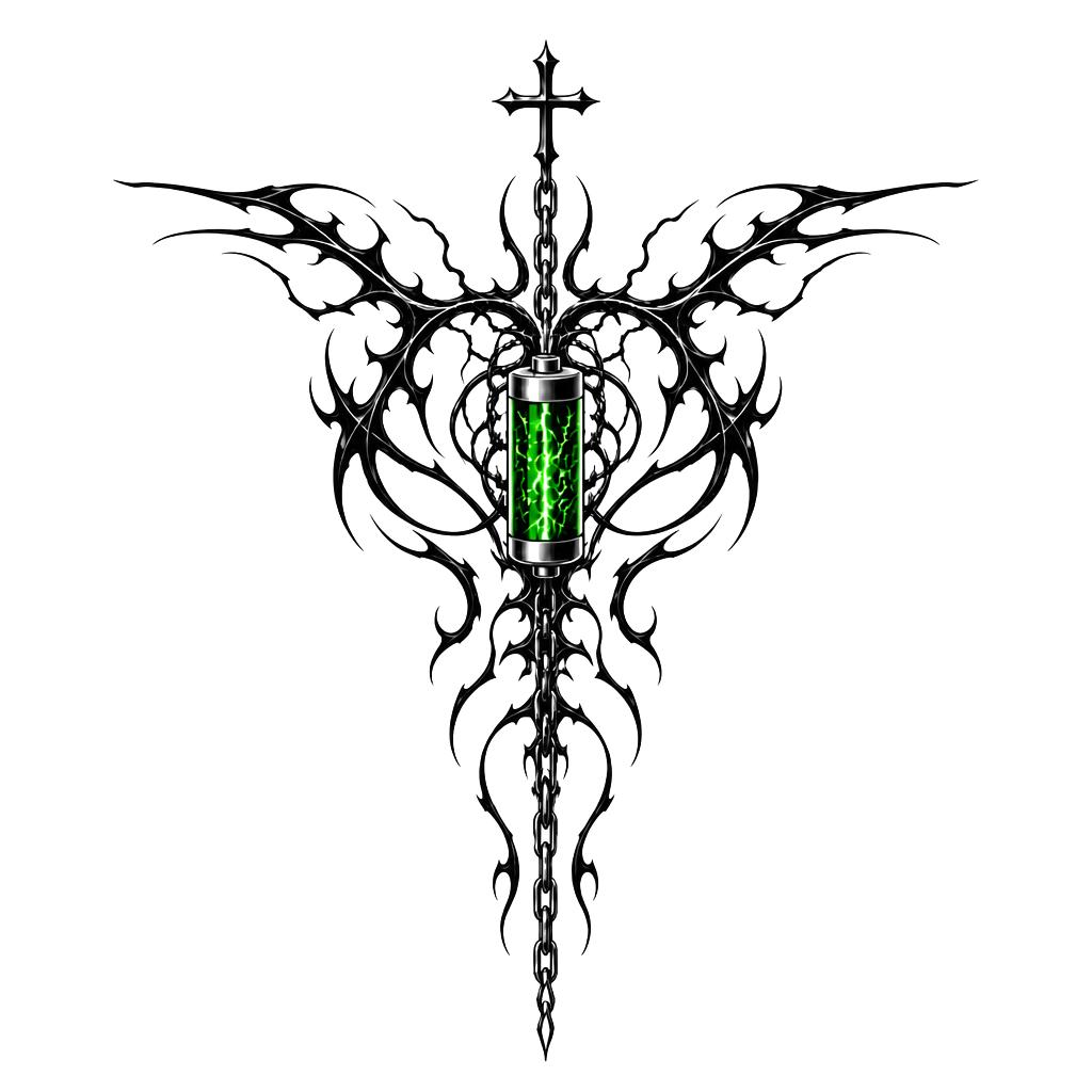 Design me a tattoo for my back that goes from shoulder blade to shoulder blade and these down into the spine with a chain hanging, and a battery powering the tattoo