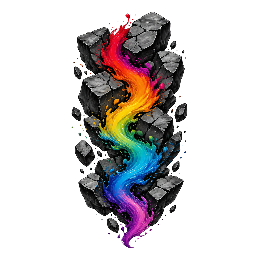 A river of color cutting through charcoal blocks