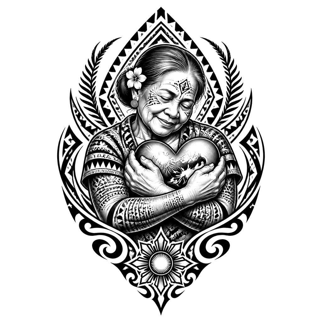 A powerful Filipina grandmother embracing a heart, framed by Philippine tribal patterns that flow into protective symbols of strength and enduring love.
