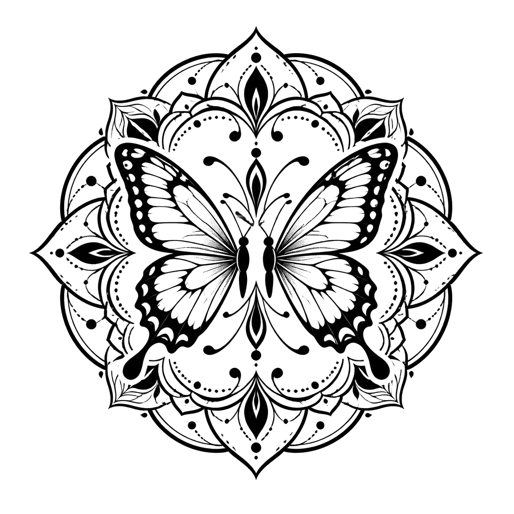 Two butterflies mirrored inside one circular mandala