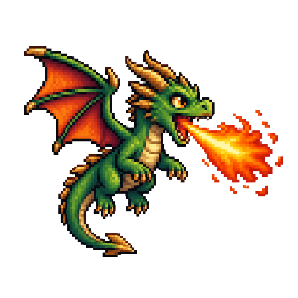 A dragon sprite breathing pixel fire