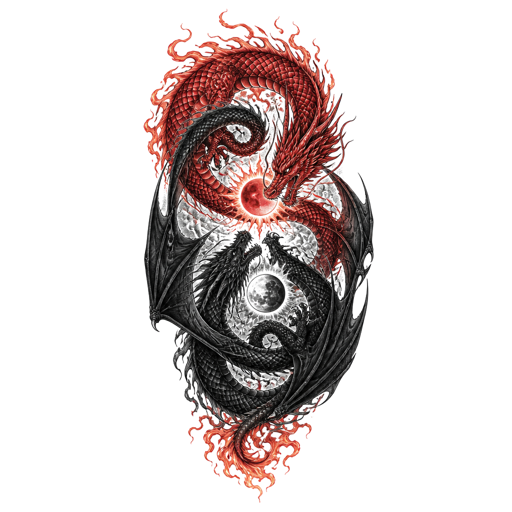 Un dragon rouge avec la queue en flamme et un dragon noir avec des ailes et plus sombre, placé à l’envers comme le ying et le yang qui s’entremêlent avec au milieu des deux dragons une lune et un soleil. Je veux qu’il soit en long et que leurs têtes soit face à face