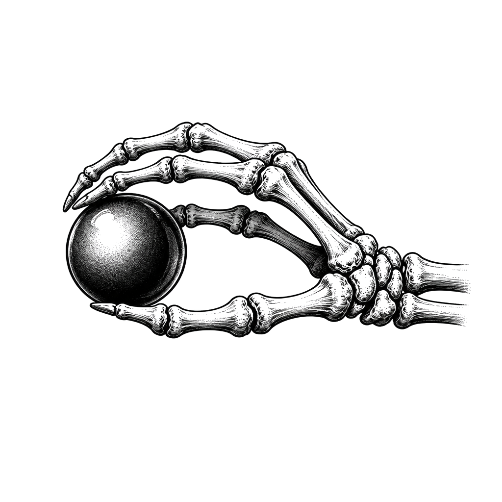A skeleton hand holding something fingers facing the left