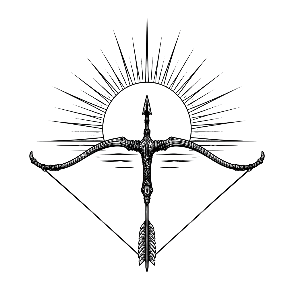 A drawn bow with a single arrow poised at the threshold of a rising sun, embodying patience, precision, and the hunter’s quiet focus.