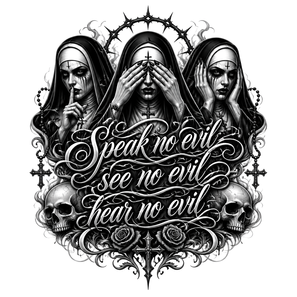 “Speak no evil see no evil hear no evil” with 3 evil nuns behind the writing with extras