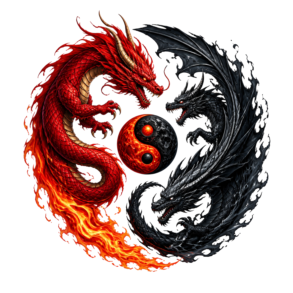 Un dragon rouge avec la queue en flamme et un dragon noir un peu différent, placé comme le ying et le yang, avec au milieu des deux dragons un symbole similaire au ying et yang