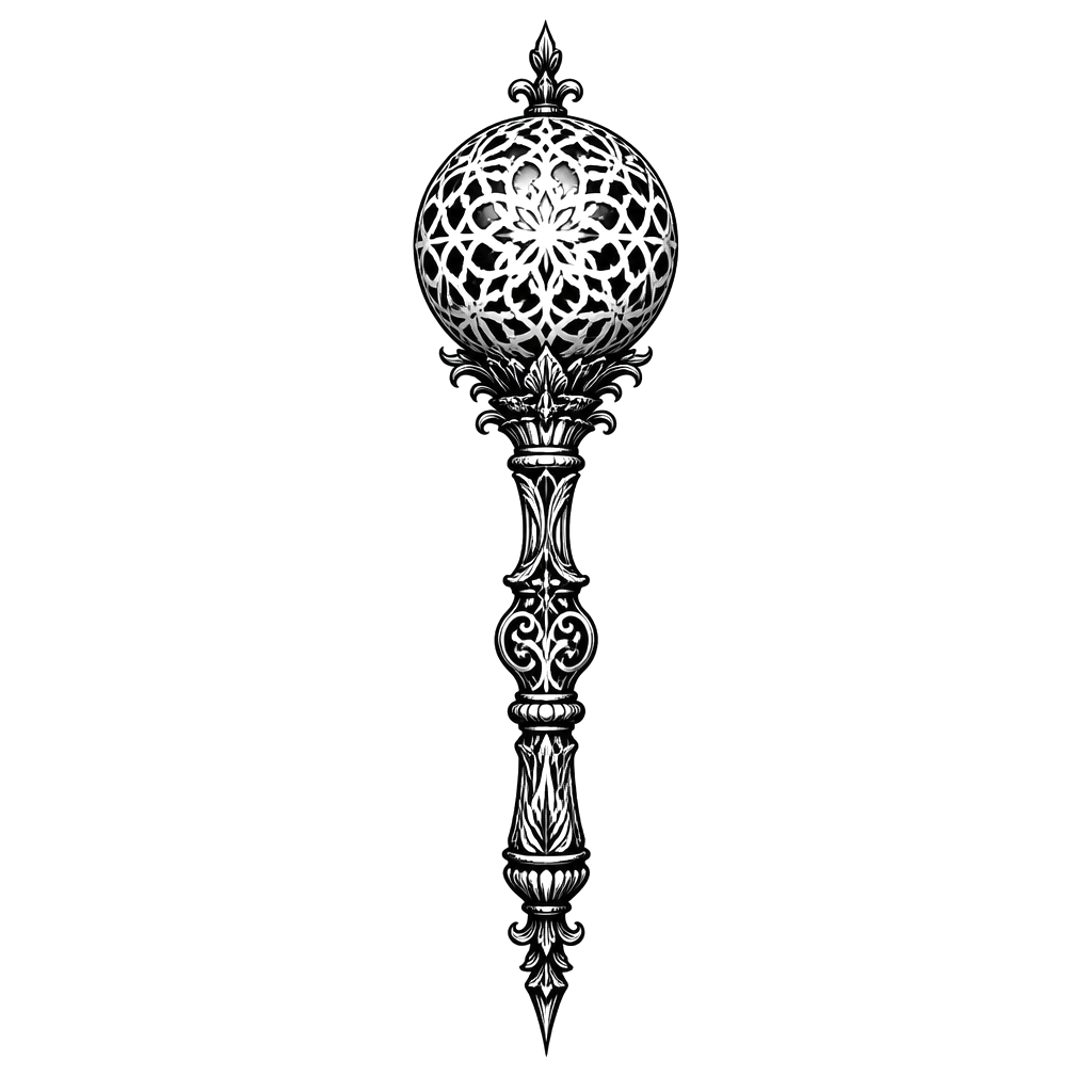 An ornamental scepter topped with a lace-cut orb