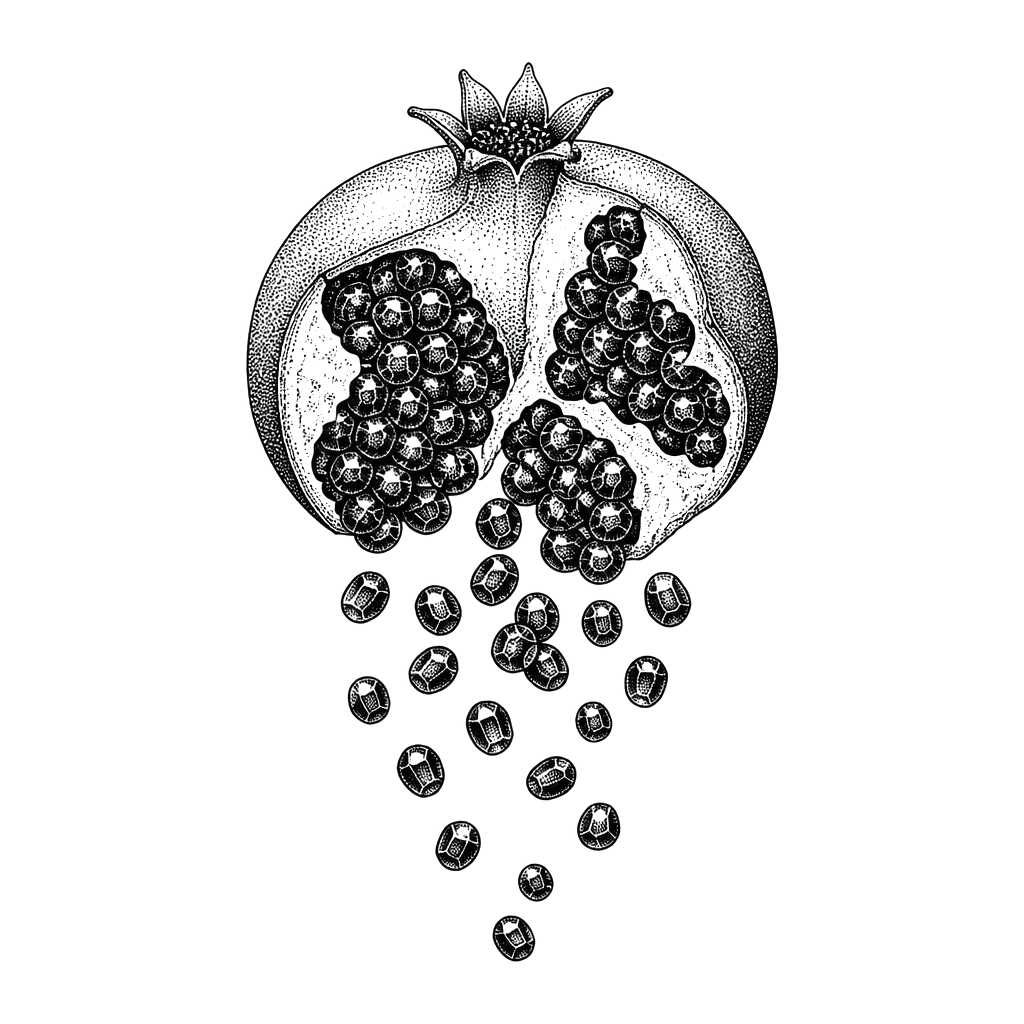 A pomegranate split open, seeds falling like rubies