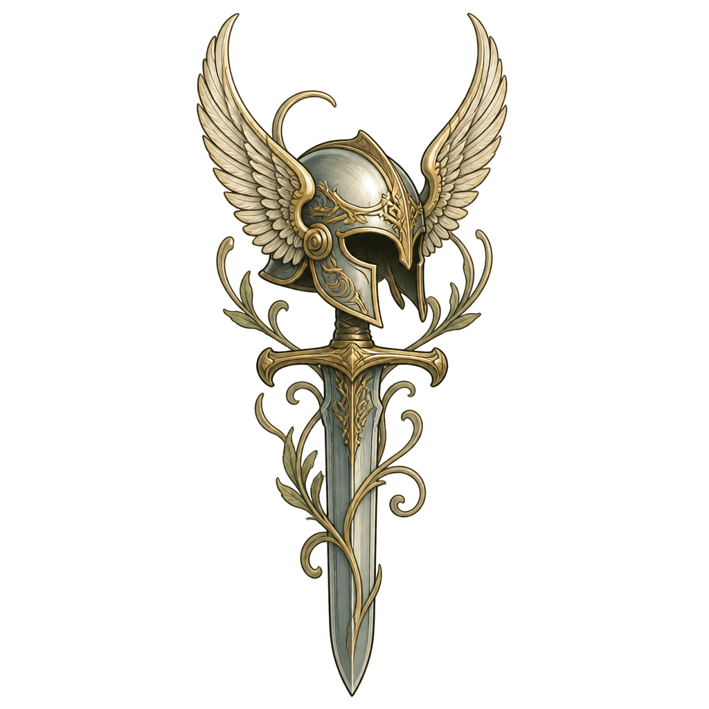 A valkyrie's winged helmet resting on a sword