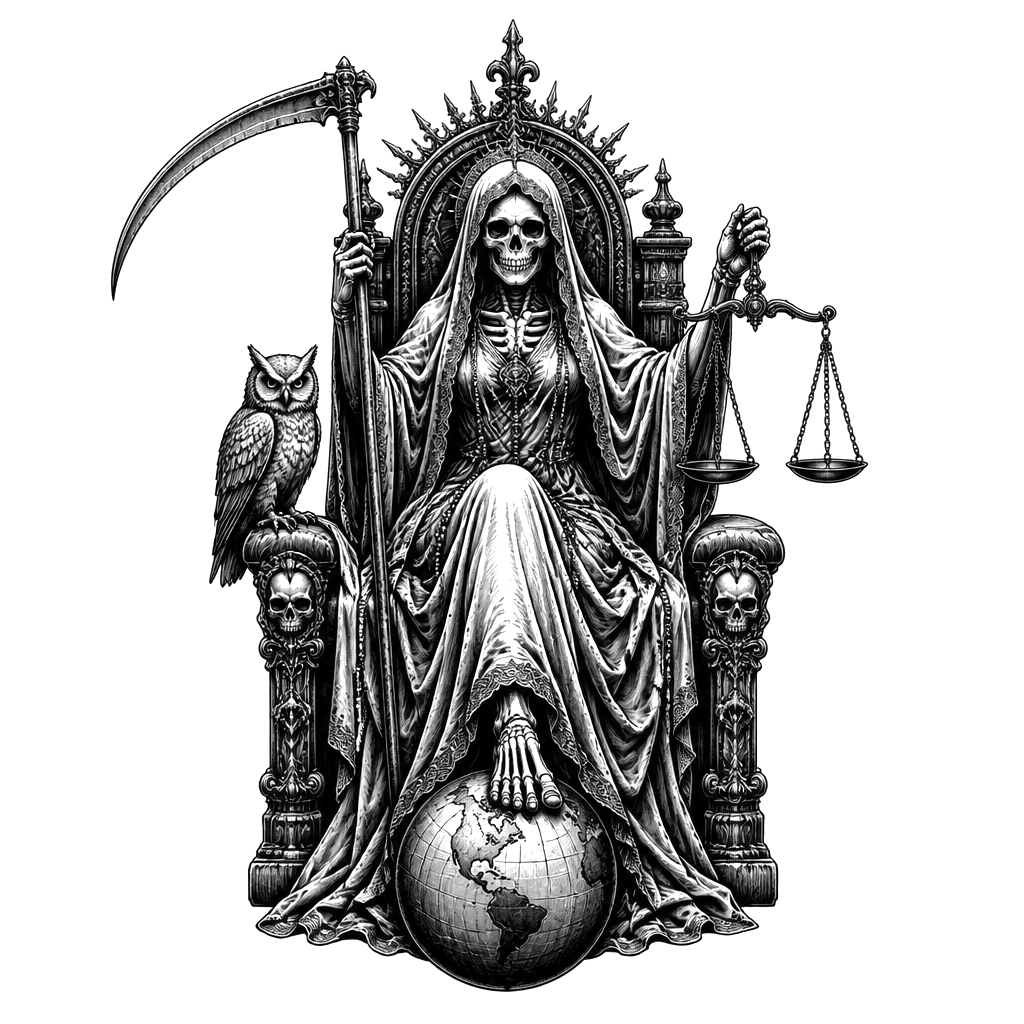 Santa muerte sitting on her thrown with the owl, her seath, the balance scales and stepping on the world with her foot