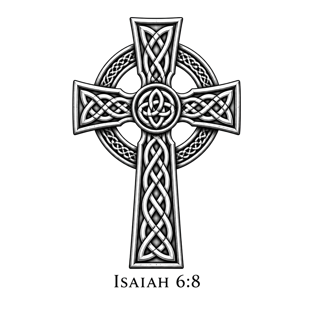 Celtic cross with Isaiah 6:8 written underneath it