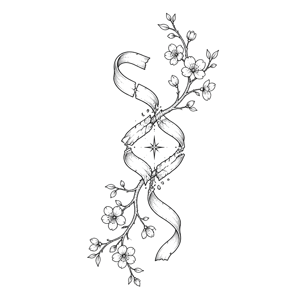 A cracked ribbon transforming into a resilient flowering branch, with one small star at its center.