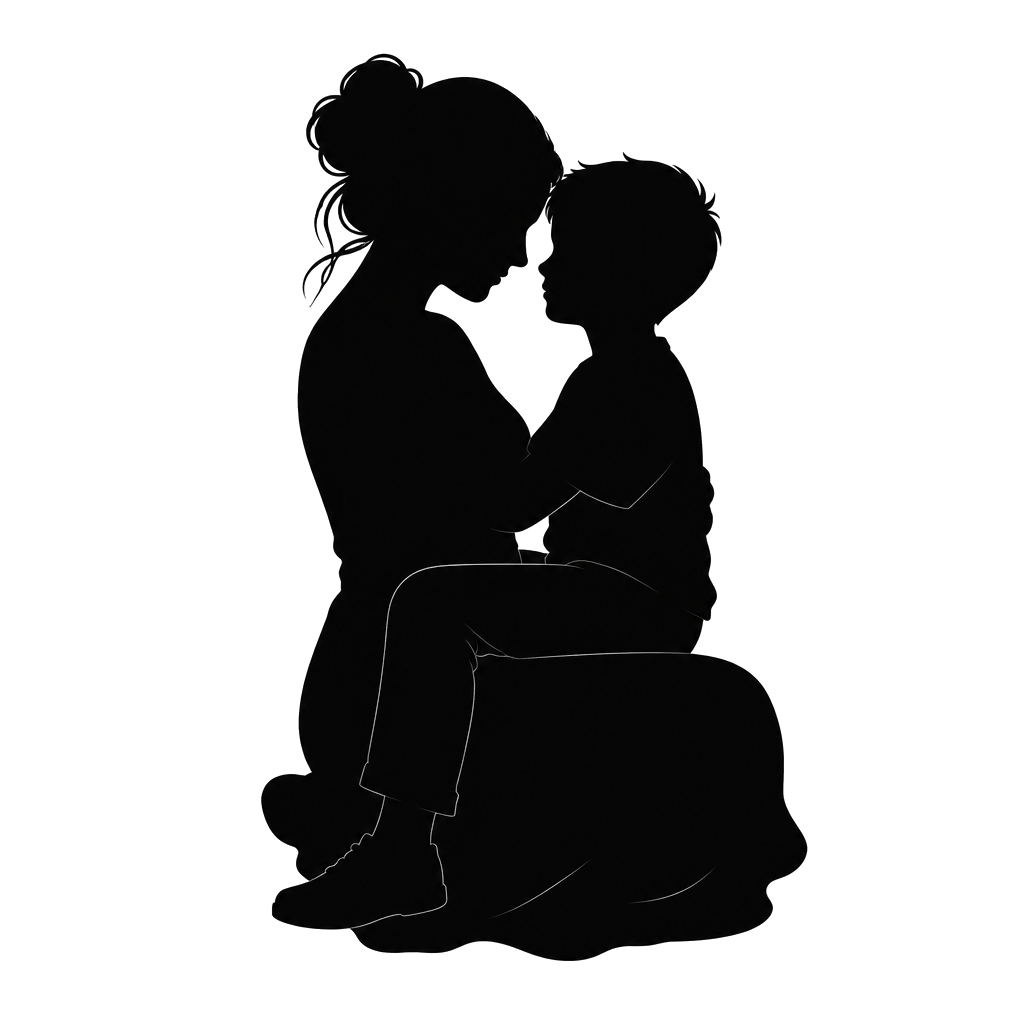 A silhouette of a 10 year old boy sitting on his mother’s lap.