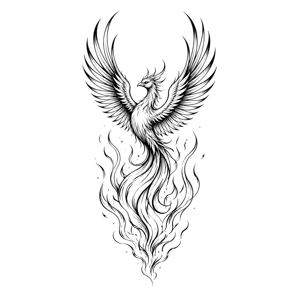 A phoenix rising from delicate linework embers
