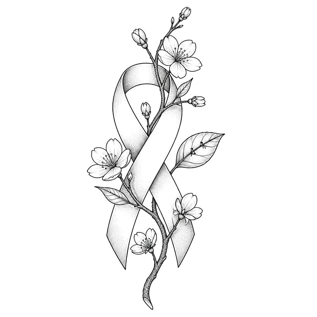 An awareness ribbon entwined with a resilient blooming branch, one leaf bearing a small scar-like seam.
