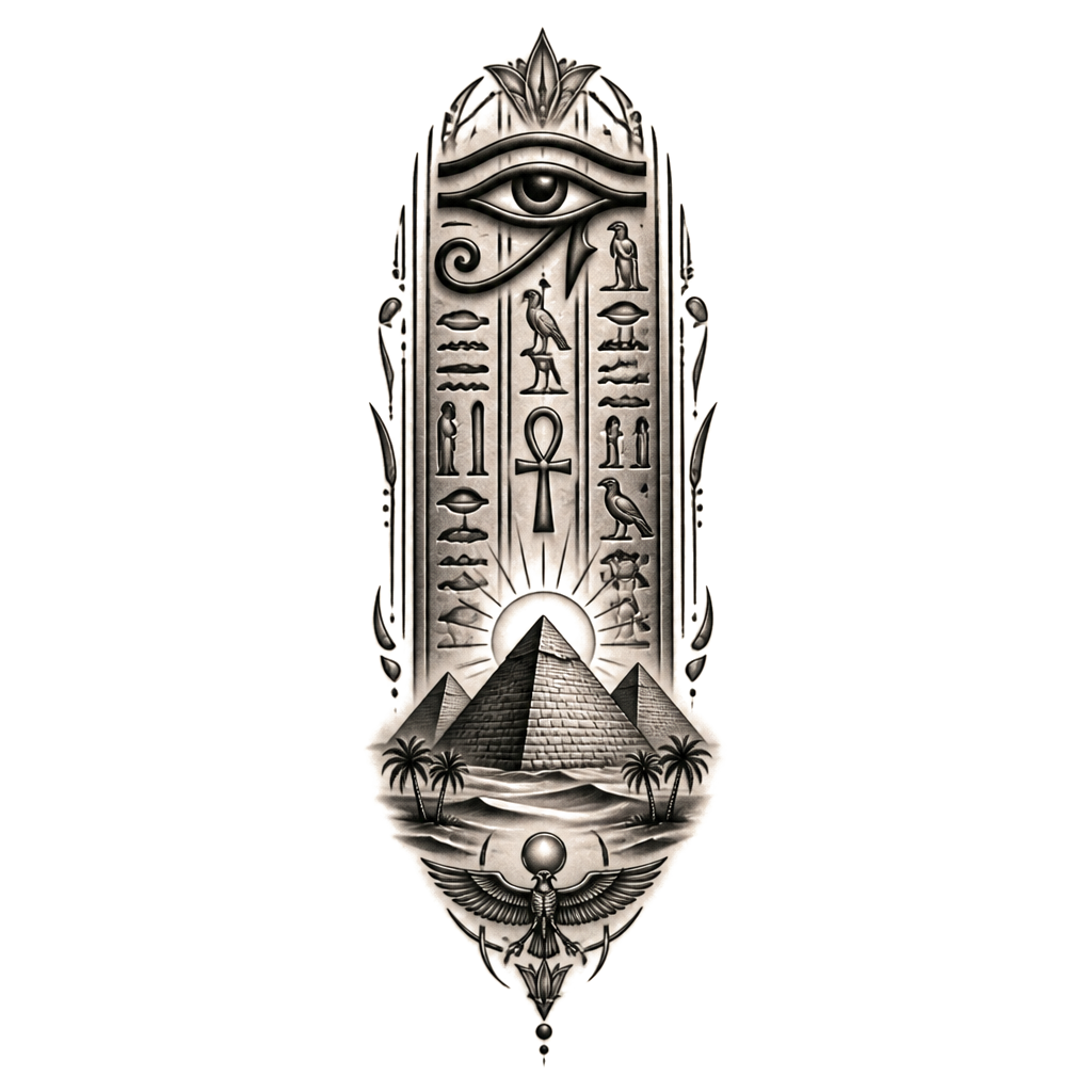 Egyptian scripture with pyramid’s on forearm