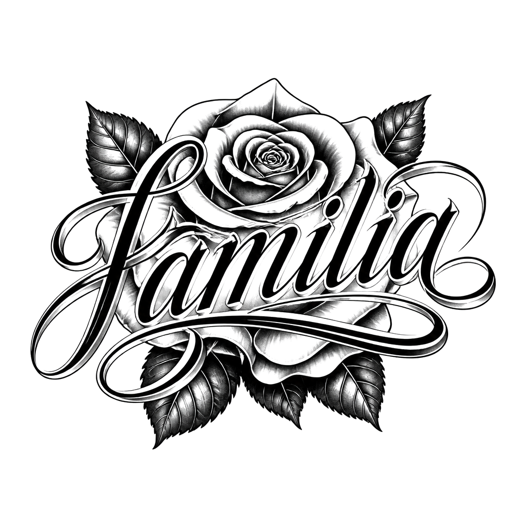 The word "familia" in flowing script over a rose