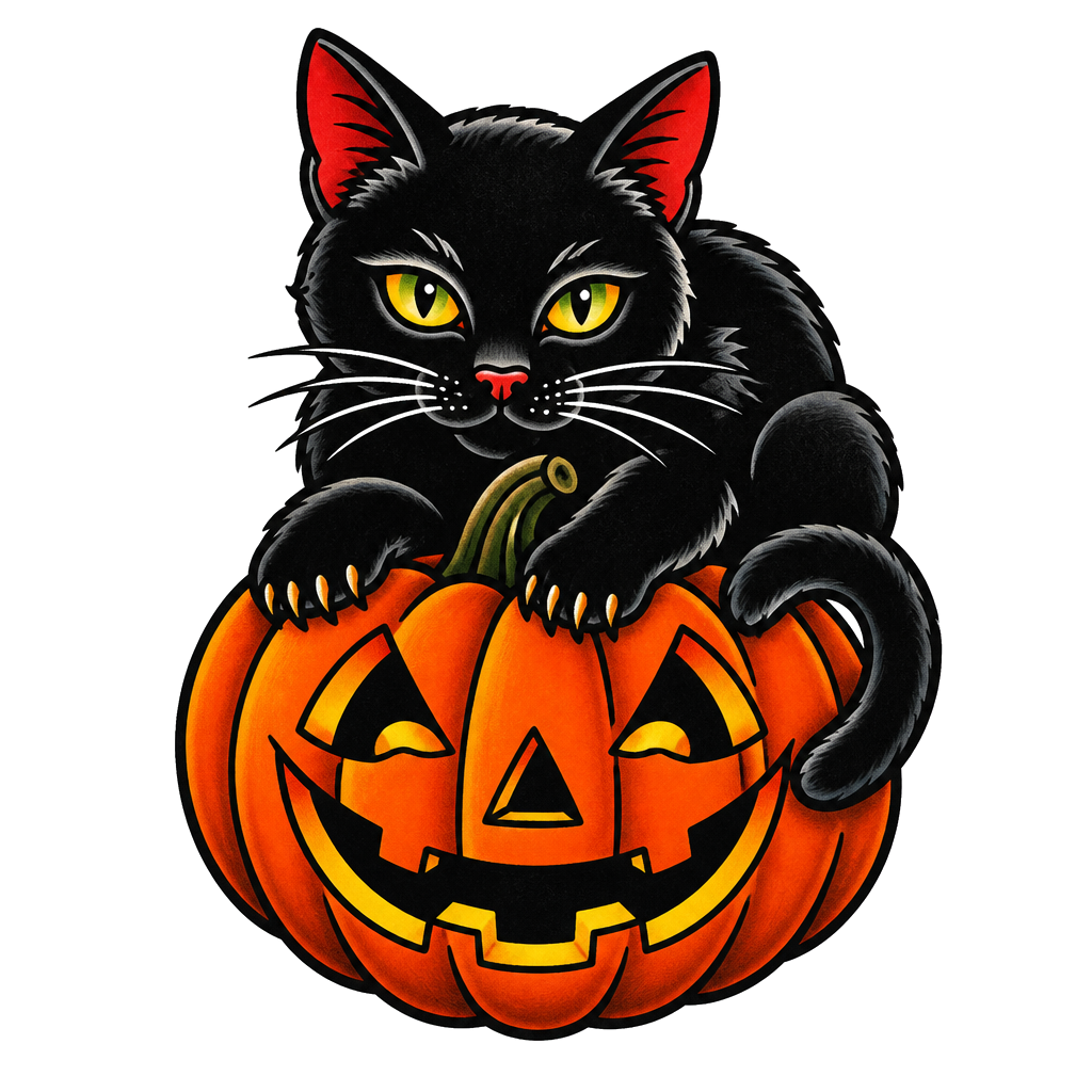 A black cat perched on a grinning pumpkin