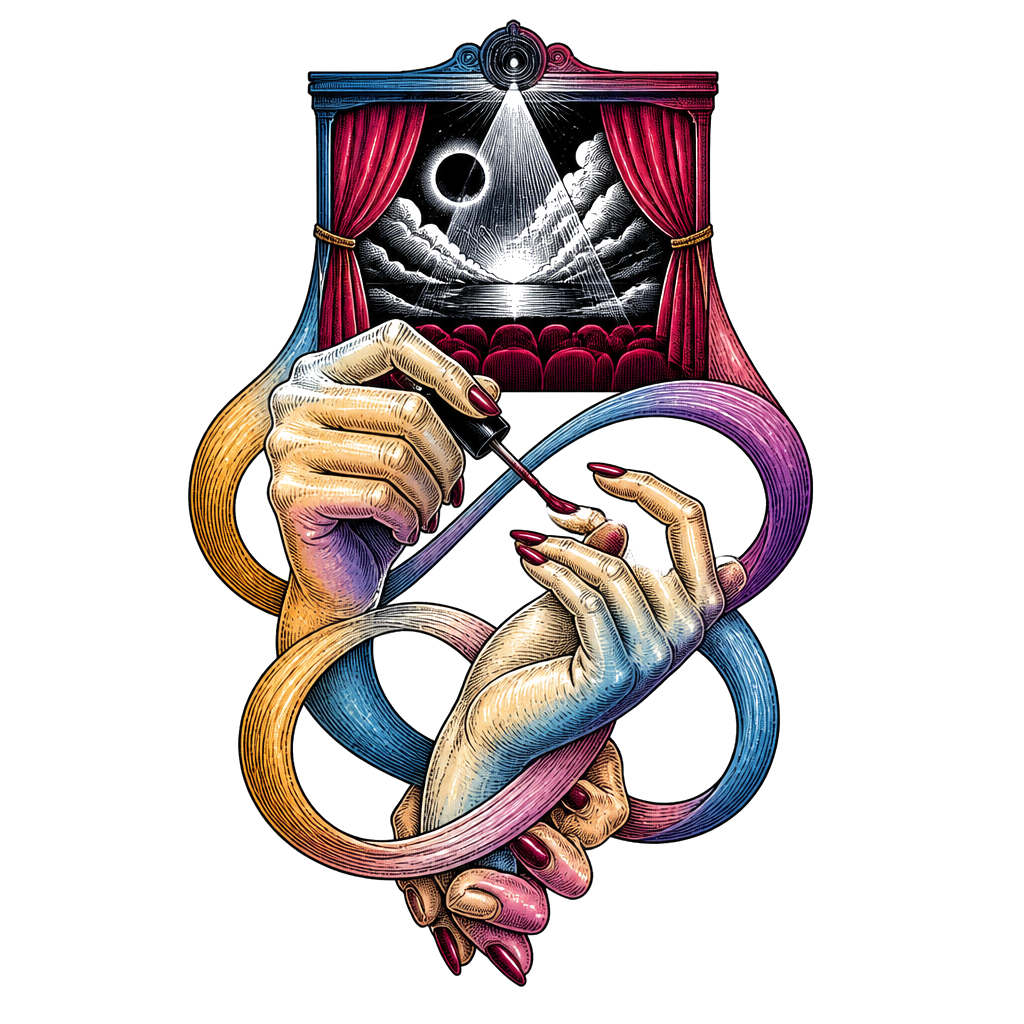 Two intertwined hands, one painting the other’s nails, beneath a small movie screen with an infinity symbol woven through their fingers.