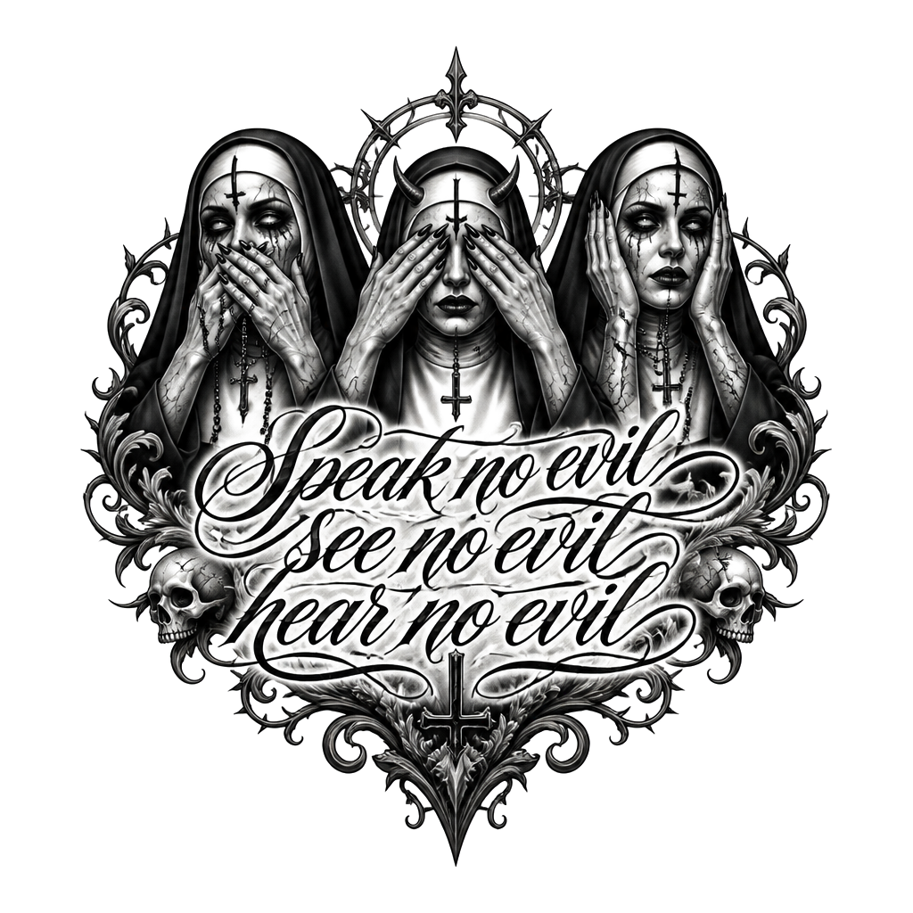 “Speak no evil see no evil hear no evil” with 3 evil nuns behind the writing with extras