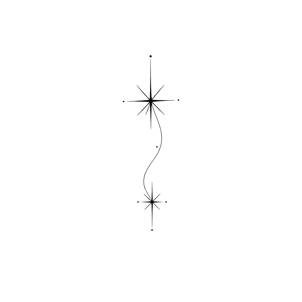 I’m thinking of a small, abstract celestial linework design: two slightly irregular/starburst-like shapes connected by a delicate curved line, with a few tiny dots at the ends. I’d like it in black, around 3–4 cm, keeping the design quite fine and delicate.”