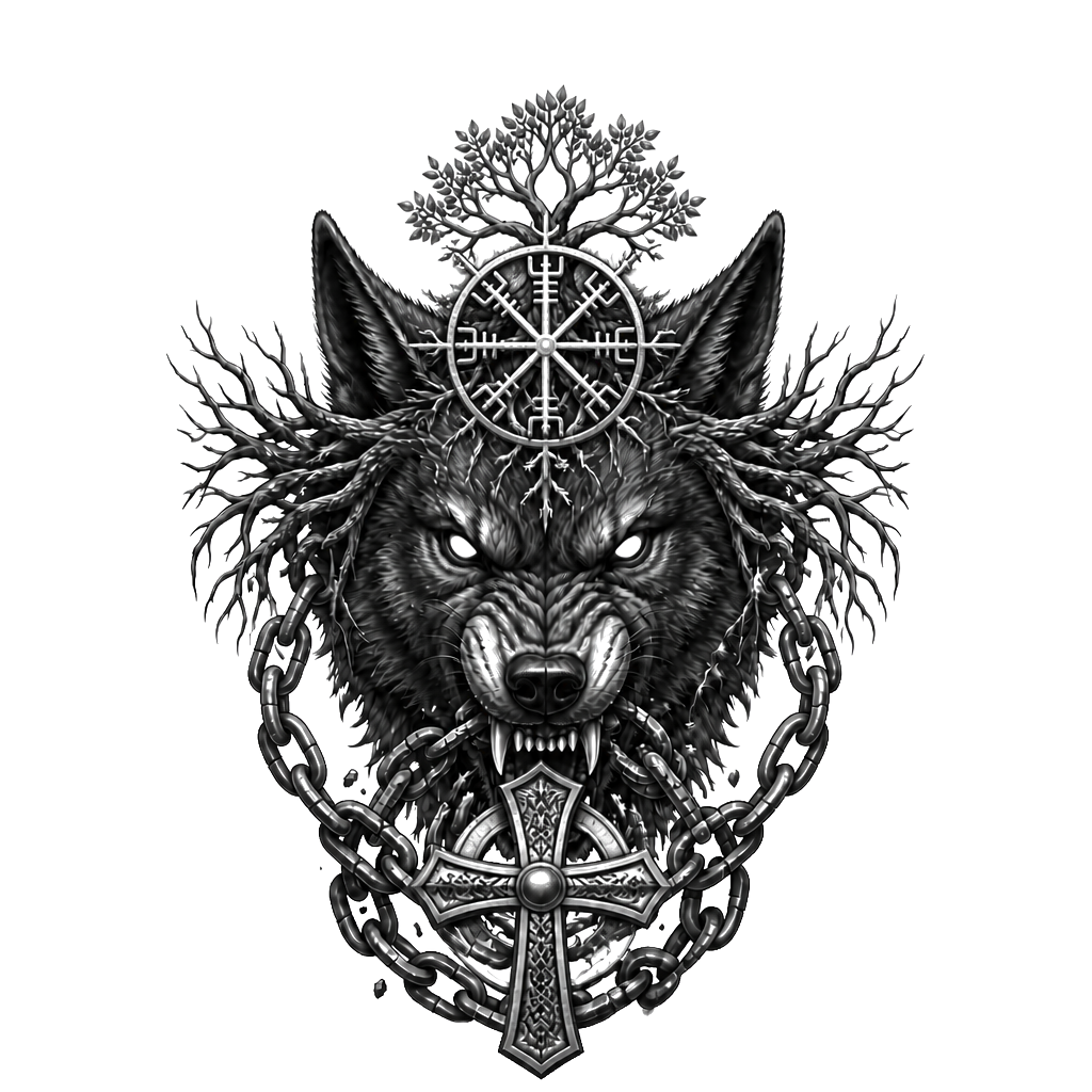 Fenrir’s snarling head centered on the forehead, Yggdrasil roots spreading toward the temples, broken chains flowing from its jaws and wrapping around the neck.