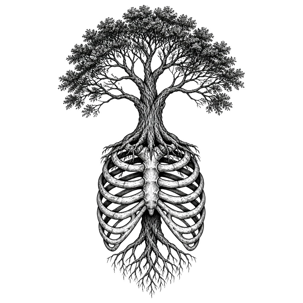 A tree whose roots grow into a human ribcage
