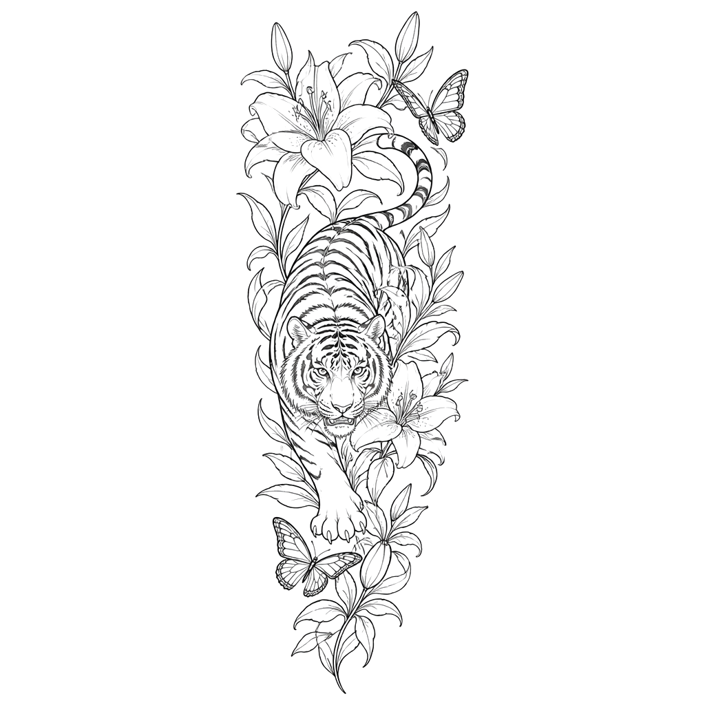 Finish the rest of my arm sleeve make it like lilies and tiger and butterfly