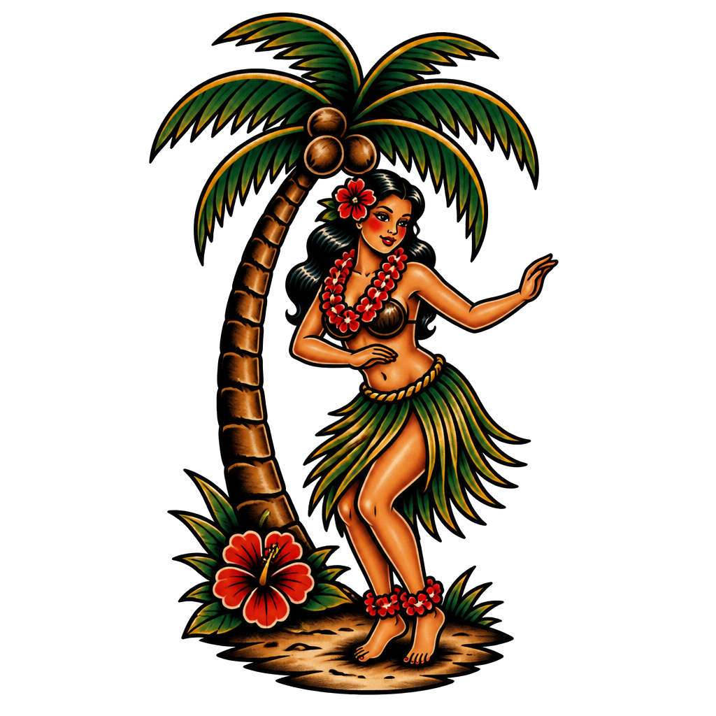 A hula girl swaying under a palm tree