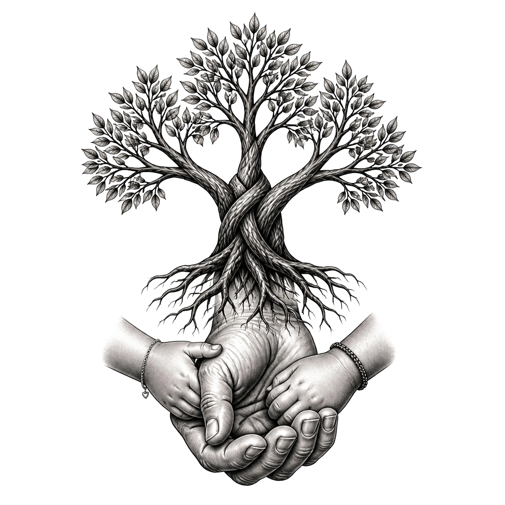 A father’s protective hand holding two smaller hands—one daughter, one son—beneath a single rooted tree with three interwoven branches.
