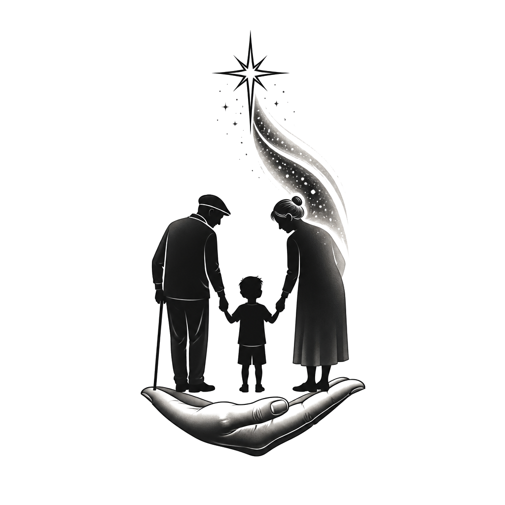 A small boy standing between two gentle grandparent silhouettes, one becoming a rising star above, with an open hand beneath symbolizing enduring guidance and belief.