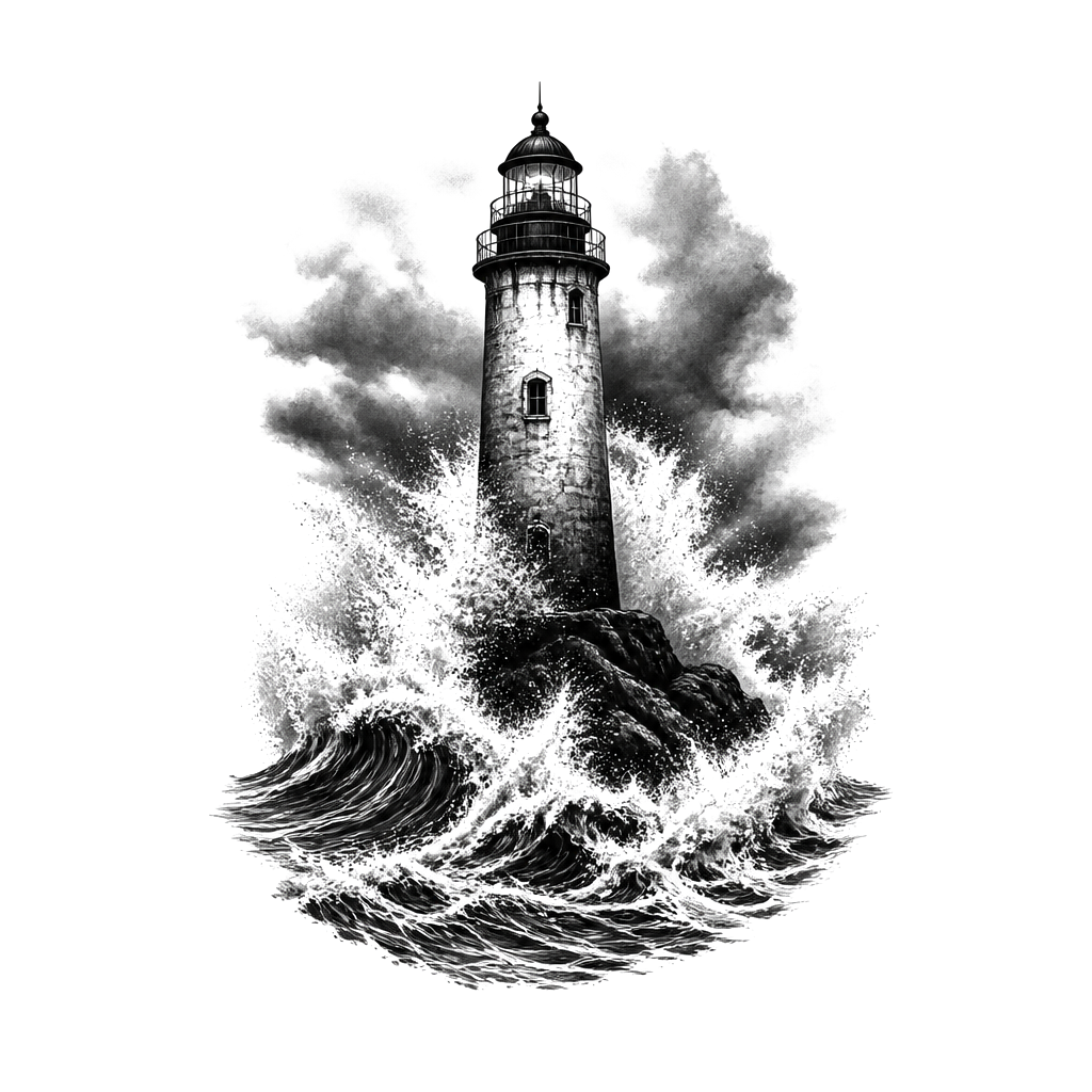 A lighthouse standing against crashing storm waves