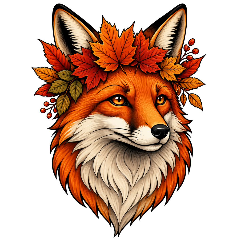 A fox wearing a crown of autumn leaves