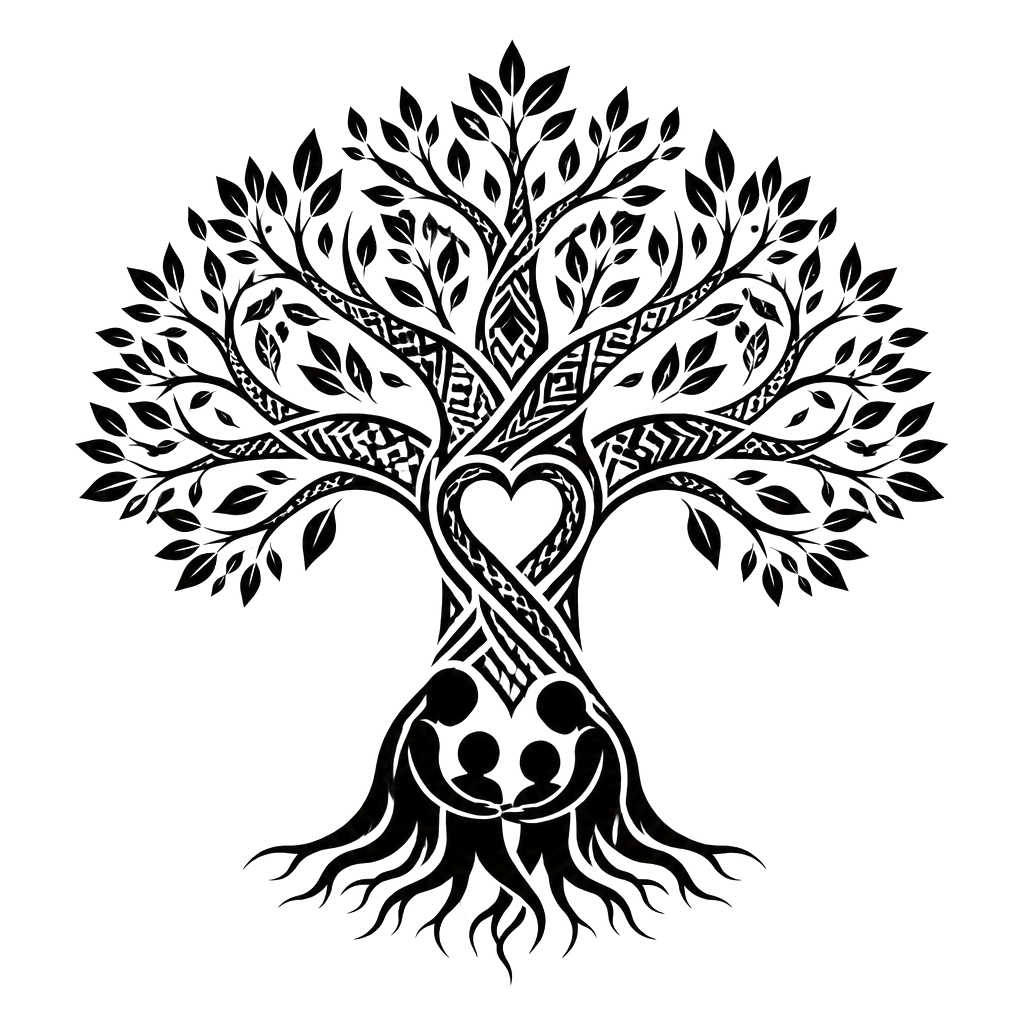 A strong family tree with embracing figures forming its roots, a heart woven through the trunk, and Philippine tribal patterns flowing along the branches.