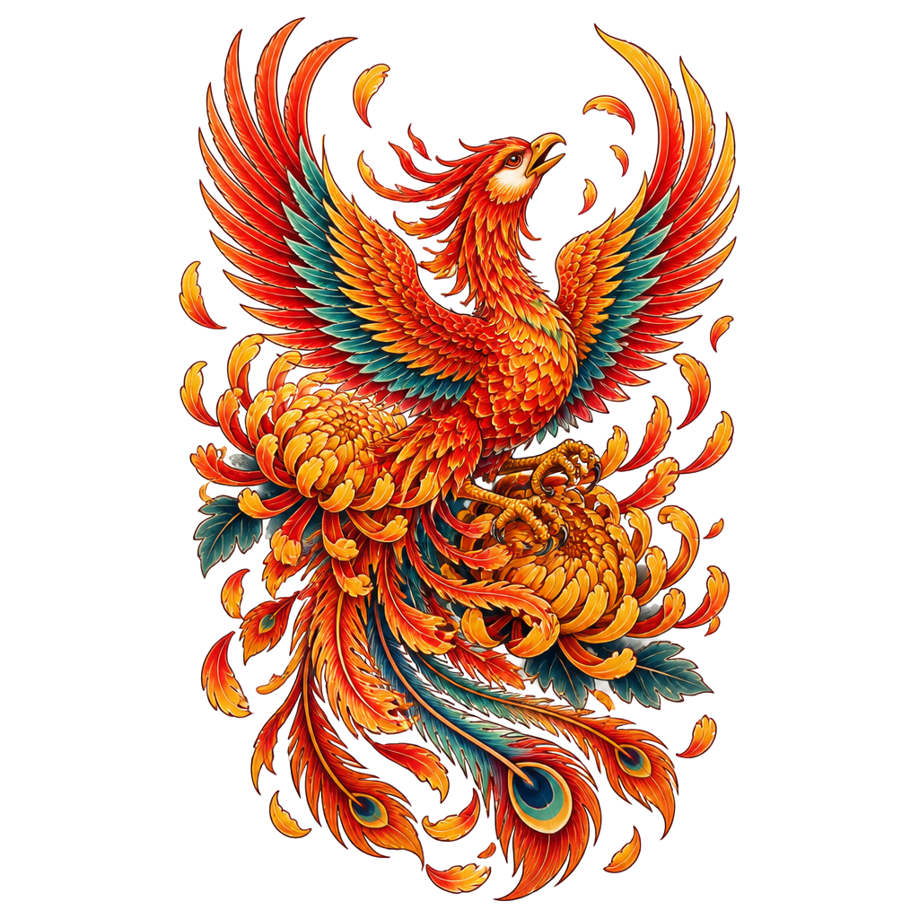 A phoenix rising through chrysanthemum petals