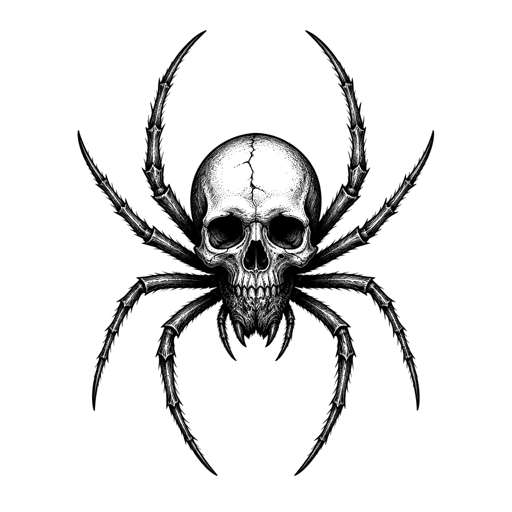 A spider with a skull for the body. Spider has eight legs, on the left hand