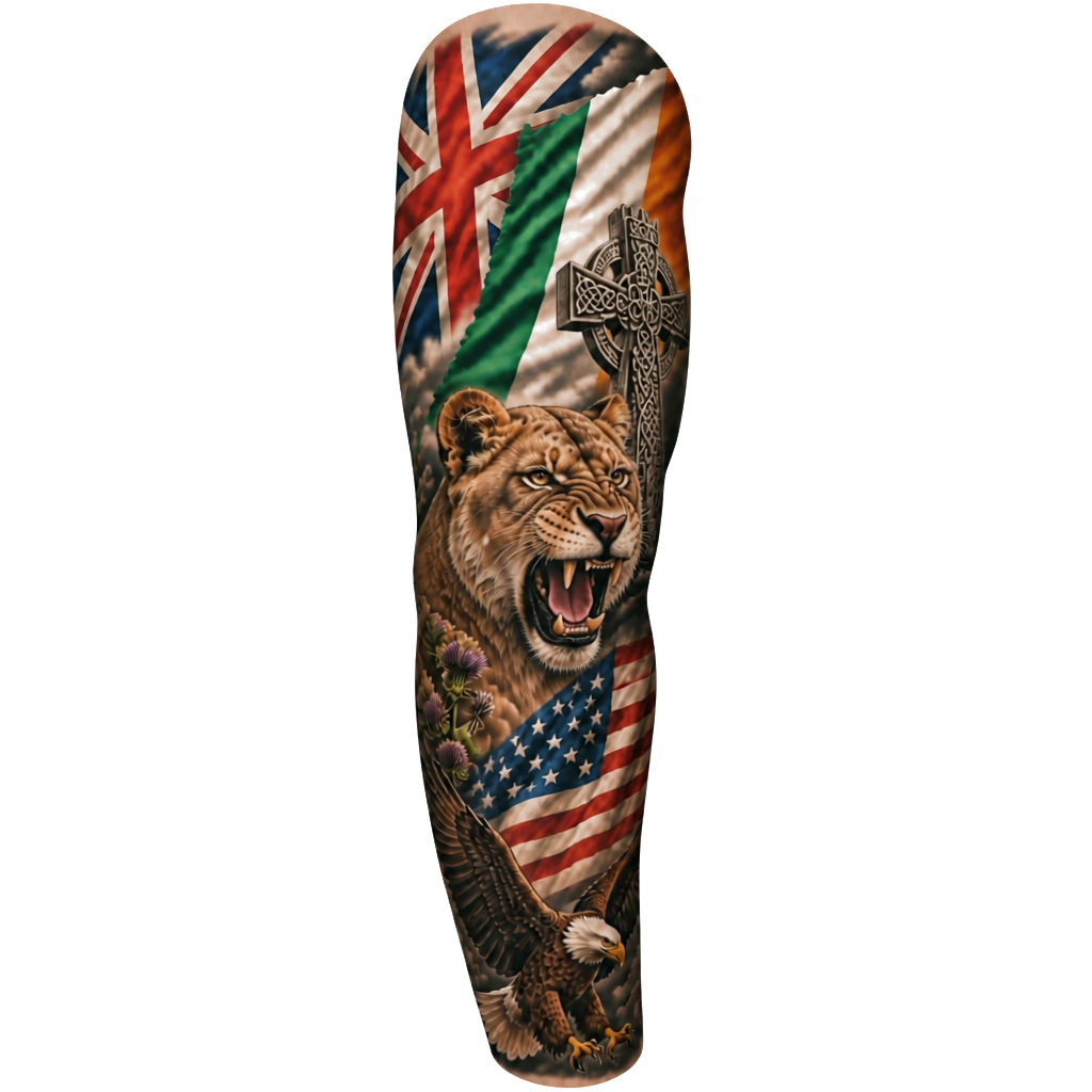 English and Irish tattoo with meaning that also is America. Create it in a full sleeve also include a female lion.
