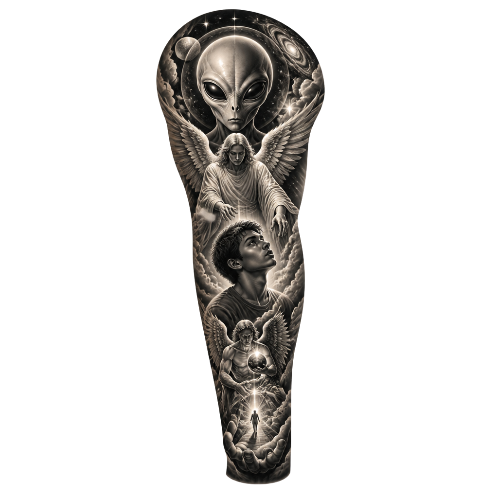 Sleeve tattoo with Dominic an alien angels trust over everything writing