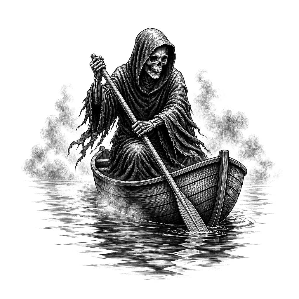 A reaper rowing a small boat across a misty river