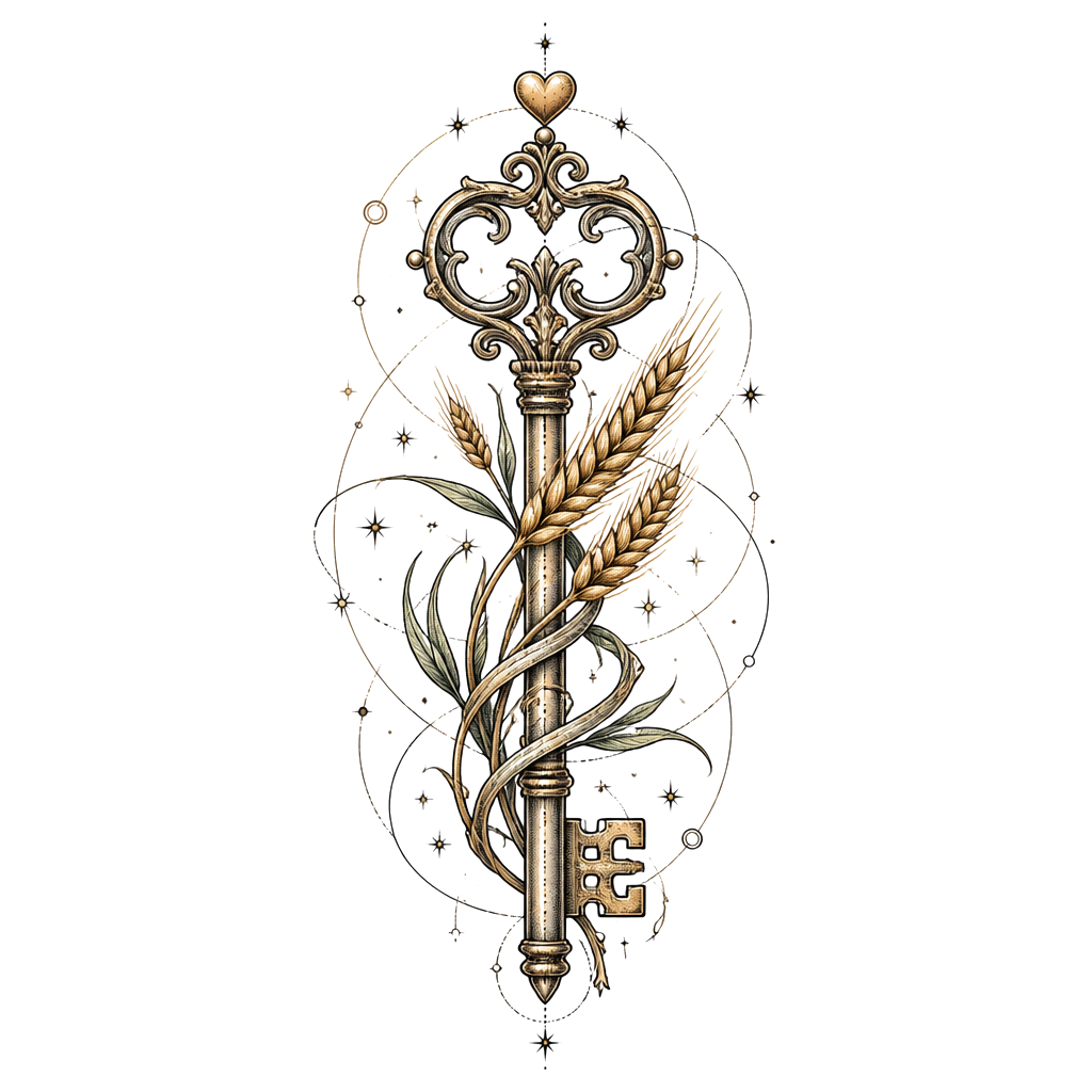 An ornate key crowned by a small heart, its shaft entwined with ripening wheat and delicate leaves, finished with fine, precise celestial orbit lines.