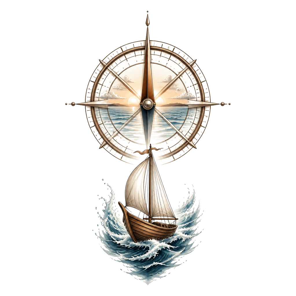 A small wooden sailboat beneath a compass whose needle points toward a gentle horizon, with subtle summer waves carrying the memory of his guidance.