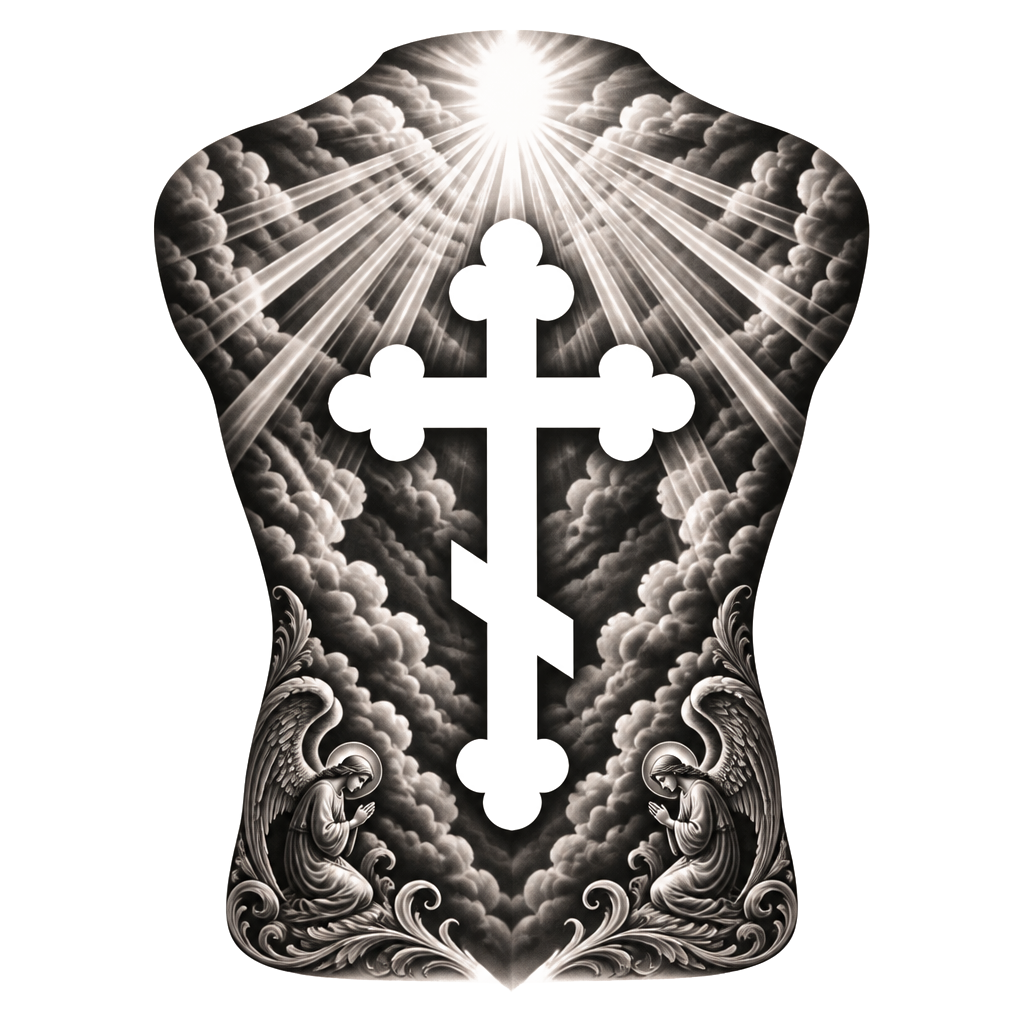 Full back piece with a Christian orthodox cross tattoo in negative space. I want sunrays to border the top and upper corners. Add two other smaller pieces in both lower corners. Keep simple