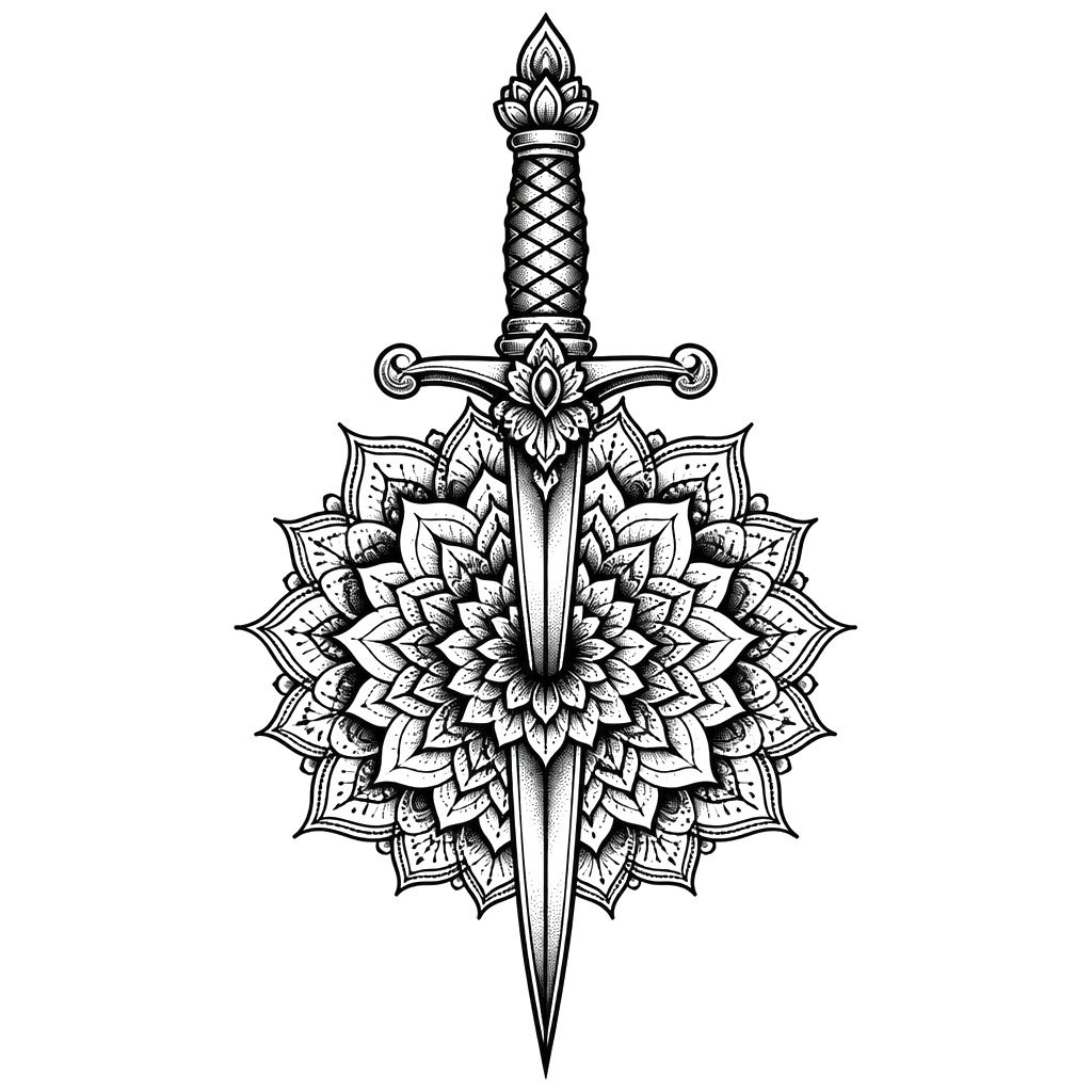 A dagger piercing a mandala bloom, blade pointing down