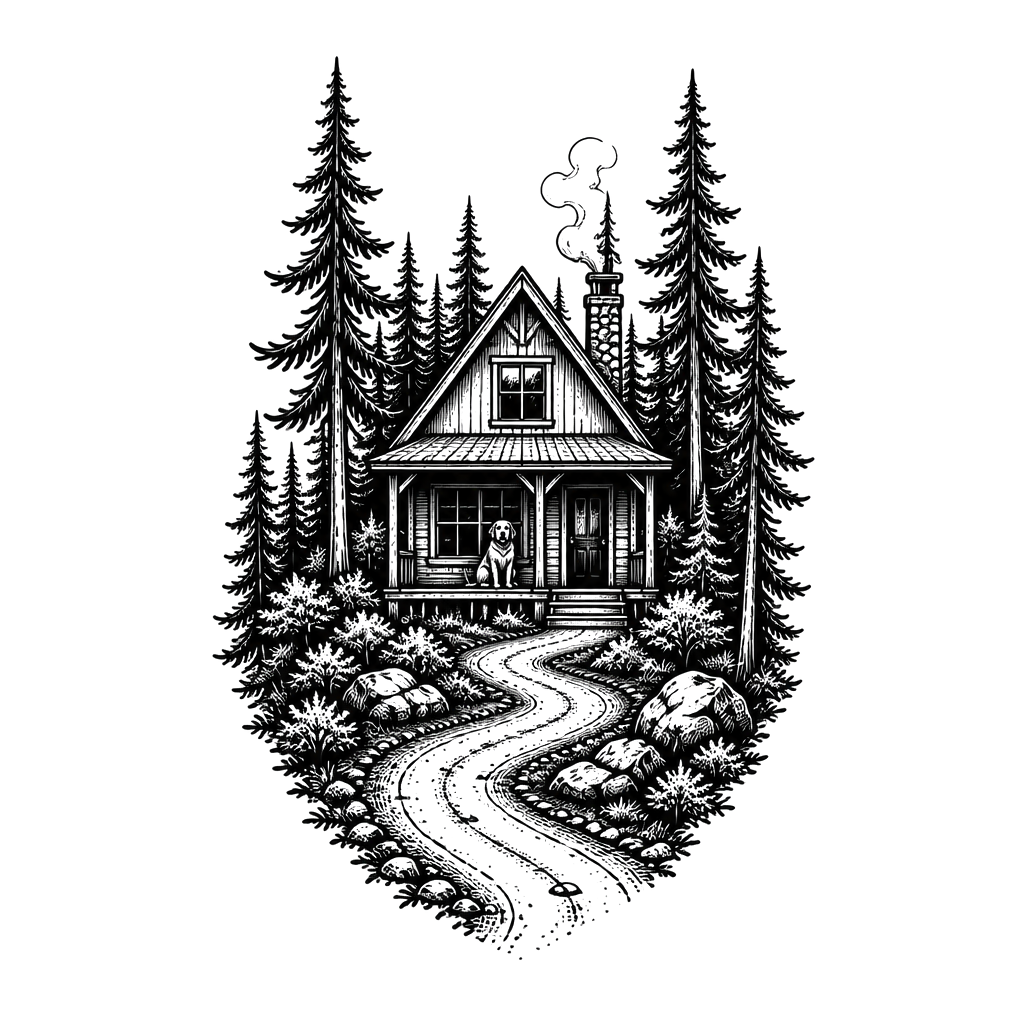 A house in the forest with a road and a dog on the porch